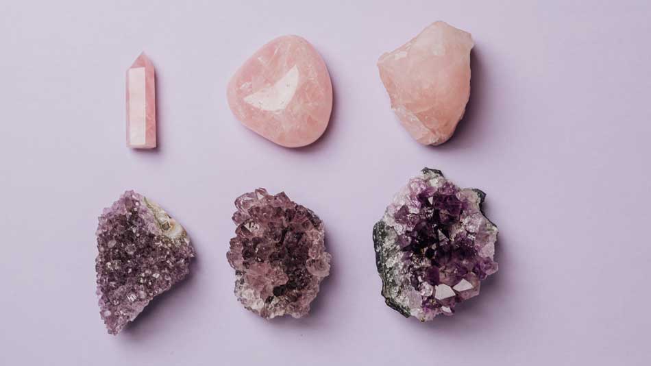 Rose Quartz and Amethyst crystals